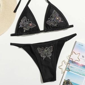 Rhinestone Butterfly Black Bikini Thong